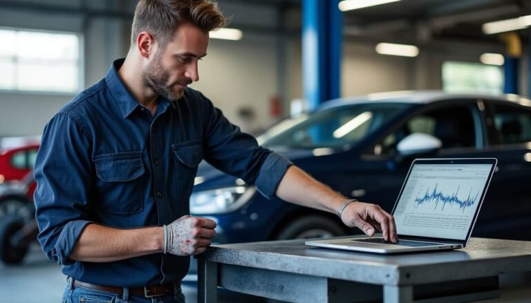 Mécanicien automobile dans un atelier consultant les données techniques ZePerf sur ordinateur portable